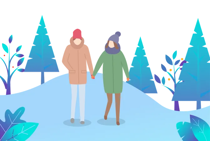 Couple marchant dans la neige  Illustration