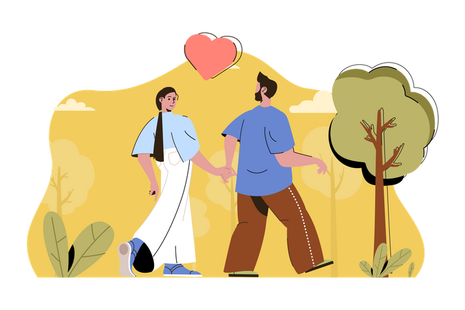 Couple marchant dans le parc, main dans la main  Illustration