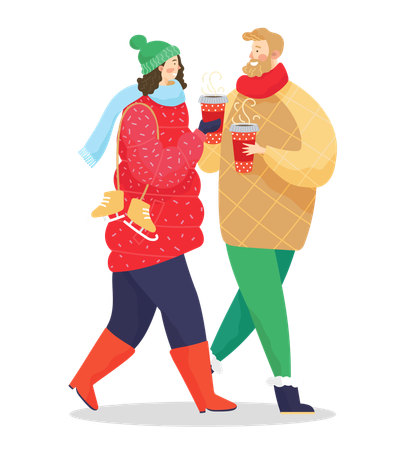 Couple marchant dans Winter Park avec du café dans des tasses  Illustration
