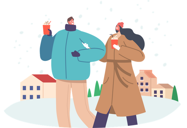 Couple marchant ensemble dans la neige  Illustration