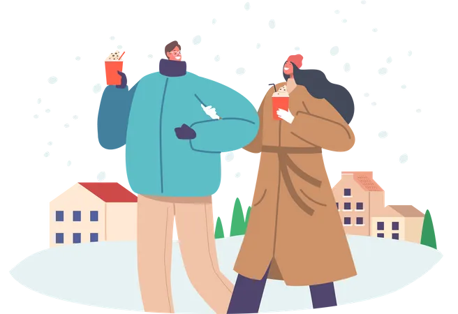 Couple marchant ensemble dans la neige  Illustration