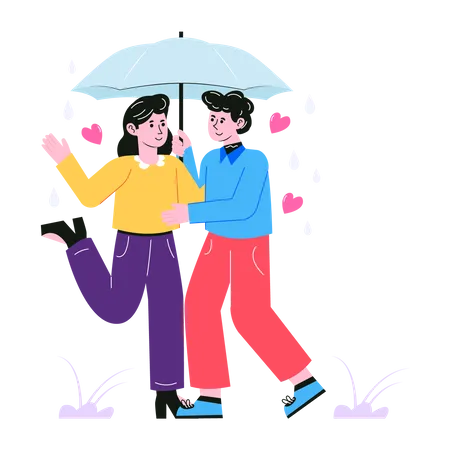 Couple marchant ensemble sous un même parapluie  Illustration