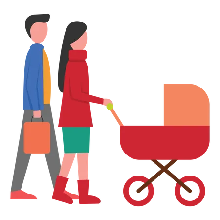 Couple marchant avec bébé dans la poussette  Illustration