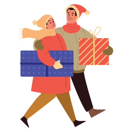 Couple marchant avec des cadeaux  Illustration