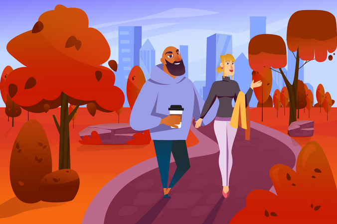 Couple marche main dans la main  Illustration