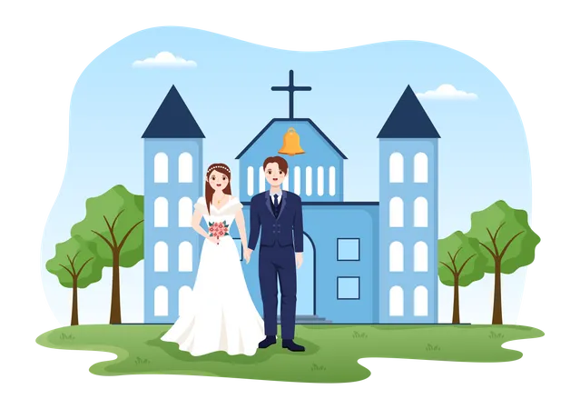 Couple marié, debout, dehors, cathédrale  Illustration