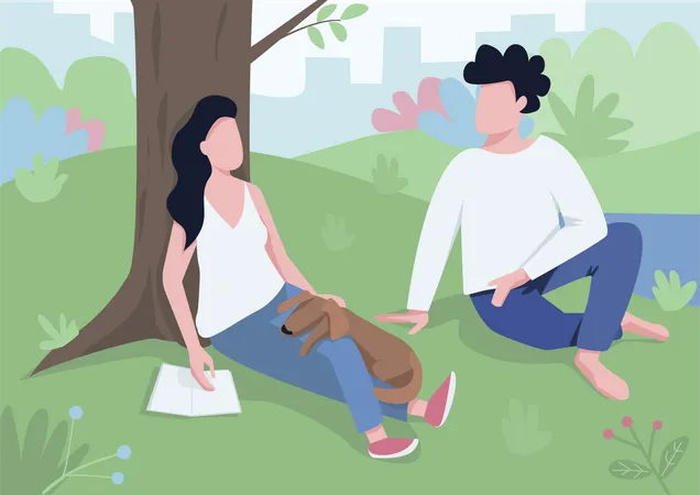 Couple Meeting In Park Flat Color Vector Illustration Young Sweethearts Dating Sitting Near Tree Talking Playing With Pet 2 D Cartoon Characters With Lake And Lawns On Background Illustration