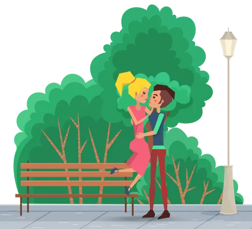 Cute Happy Smiling Couple On A Date In The Park The Guy Picks Up The Girl In His Arms Outdoors People In Relationship Hugging In The Open Area Against The Background Of Green Trees Summer Day Illustration
