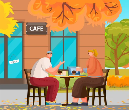 Man And Woman Romantic Day In Cafe Couple Sitting On Terrace With Cup Of Hot Beverage And Brownie Leisure Of Male And Female In Coffeehouse Outdoor Autumn View And Exterior Of Restaurant Vector Illustration