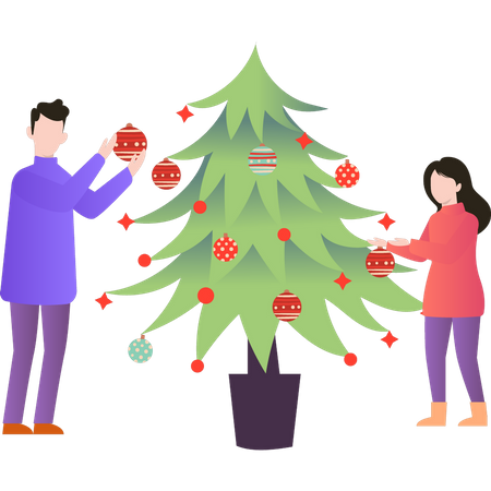 Couple mettant des ornements sur l'arbre de Noël  Illustration