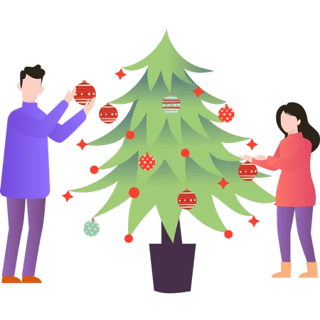 Couple mettant des ornements sur l'arbre de Noël  Illustration