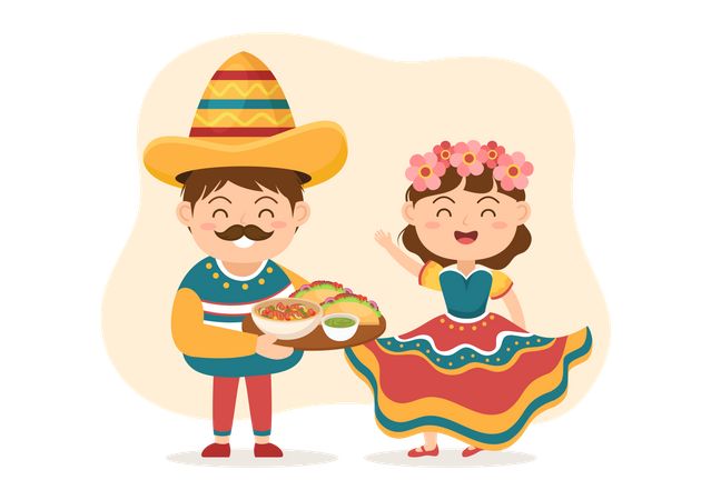 Couple mexicain traditionnel avec des plats mexicains de base  Illustration
