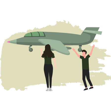 Couple militaire heureux de voir un avion militaire  Illustration