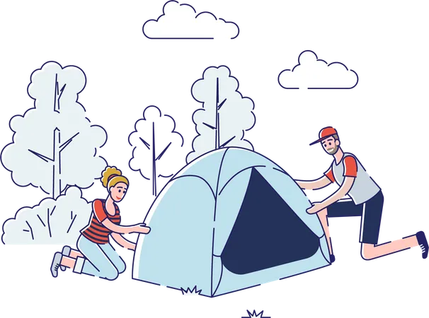 Couple installant une tente dans la forêt  Illustration