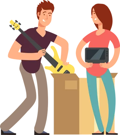 Family Moving Into New House Man Woman And Employees Carrying Boxes And Heavy Furniture Vector Characters Set Illustration Of People With Bag And Box Illustration