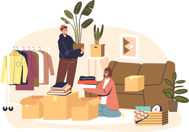 Couple moving to new house packing clothes and plants together in living room Illustration