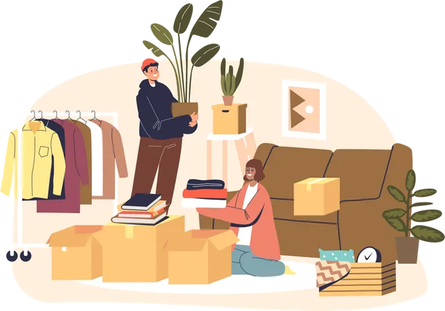 Couple moving to new house packing clothes and plants together in living room  Illustration