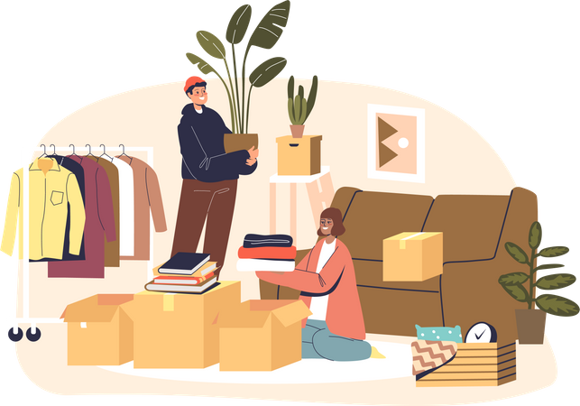 Couple moving to new house packing clothes and plants together in living room  Illustration