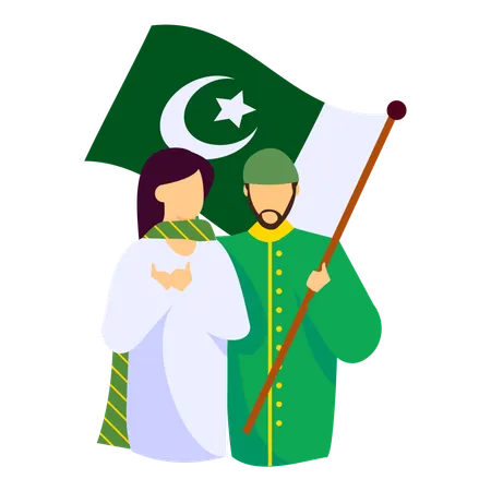 Couple musulman agitant un drapeau et priant ensemble  Illustration