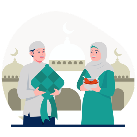 Couple musulman avec ketupat et nourriture  Illustration