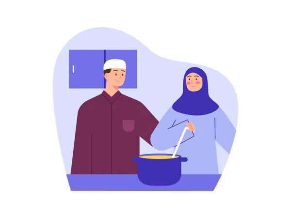 Couple musulman cuisinant des aliments dans la cuisine  Illustration