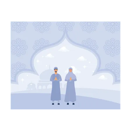 Couple musulman debout en saluant le ramadan  Illustration