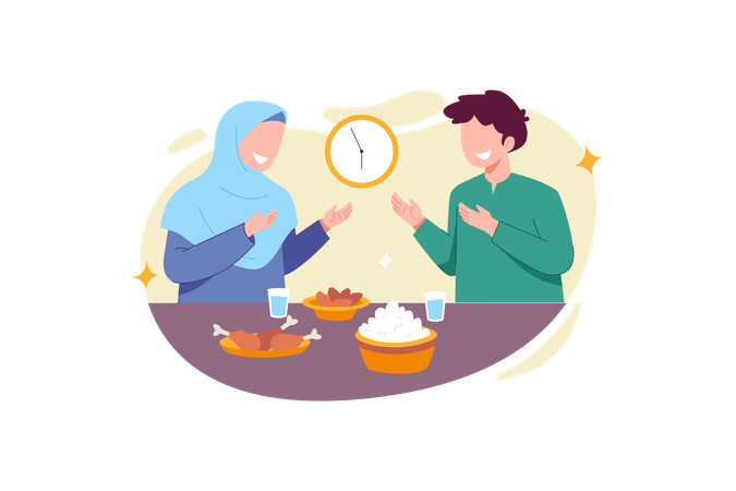 Couple musulman mangeant pendant l'Iftar  Illustration