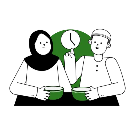 Couple musulman prenant de la nourriture Iftar  Illustration