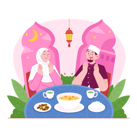 Couple musulman priant avant d'avoir l'iftar  Illustration