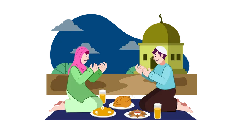 Couple musulman priant avant d'avoir l'iftar  Illustration