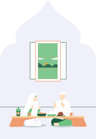 Couple musulman priant avant de manger de l'iftar  Illustration