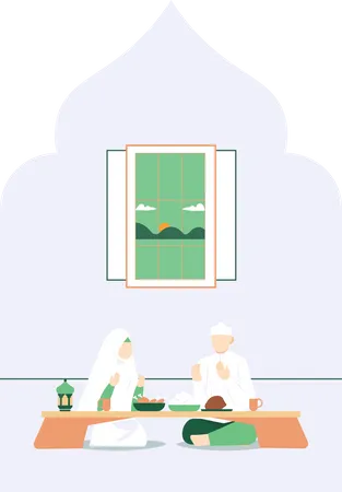 Couple musulman priant avant de manger de l'iftar  Illustration