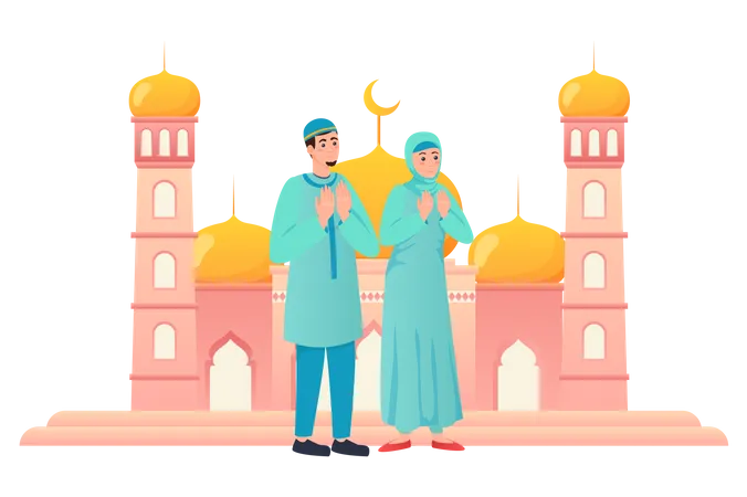 Couple musulman priant dans une mosquée  Illustration
