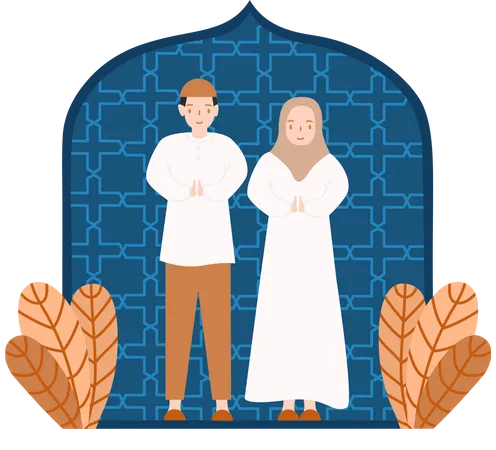 Couple musulman souhaitant l'Aïd Fitri  Illustration