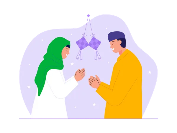 Un couple musulman se souhaite un joyeux Eid al fitr  Illustration