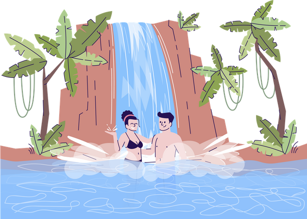 Couple nageant sous une cascade  Illustration