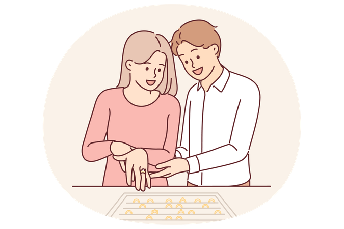 Couple newlyweds choose engagement ring in jewelry store  Illustration