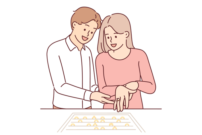 Couple newlyweds choose engagement ring in jewelry store  Illustration