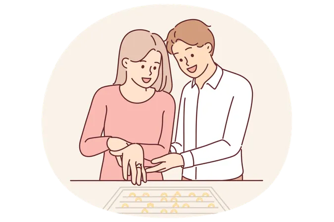 Couple newlyweds choose engagement ring in jewelry store  Illustration