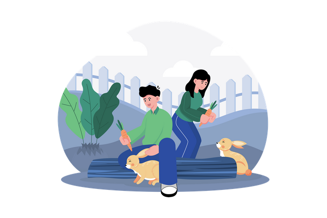 Couple nourrissant un petit lapin  Illustration