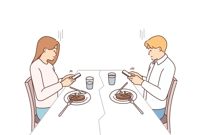 Couple occupé dans un mobile à la table à manger  Illustration