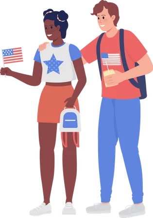 Couple Of American Patriots Semi Flat Color Vector Characters Standing Figures Full Body People On White Independence Day Simple Cartoon Style Illustration For Web Graphic Design And Animation Illustration