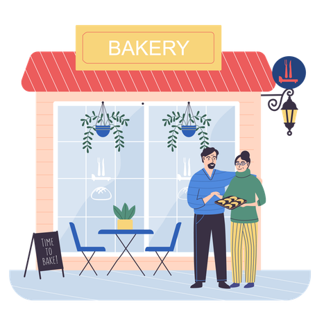Couple of bakers next to bakery shop  Illustration