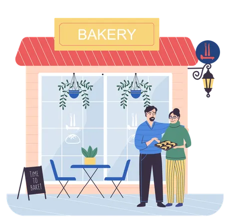 Couple of bakers next to bakery shop  Illustration