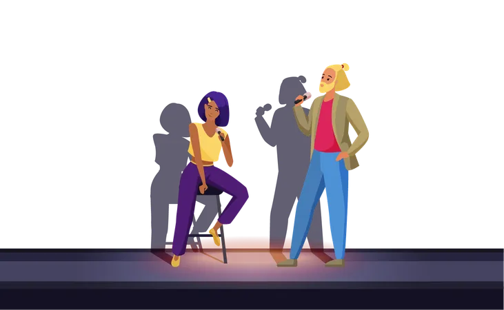 Stand Up Comedy Concept With Male And Female Comedians Vector Illustration Cartoon Couple Of Comics Perform Speech Show On Stage In Spotlight Man Standing Woman Sitting On Chair With Microphone Illustration