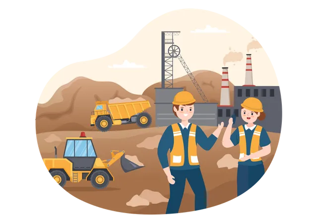 Mining Company With Heavy Yellow Dumper Trucks For Coal Mine Industrial Process Or Transportation In Flat Cartoon Hand Drawn Templates Illustration イラスト