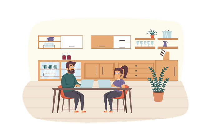 Couple of freelancers working at laptops, sit at kitchen table at home  Illustration