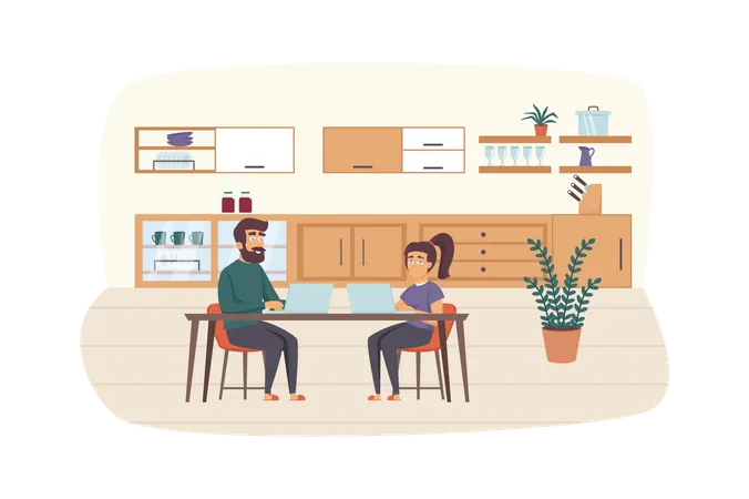 Couple of freelancers working at laptops, sit at kitchen table at home  Illustration