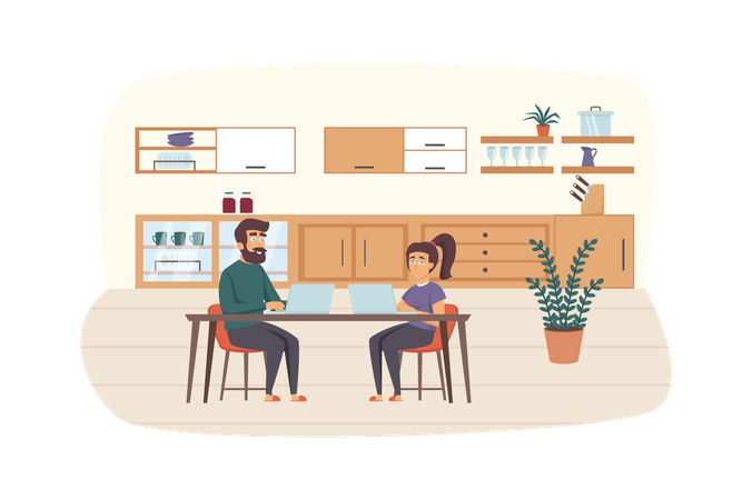 Couple of freelancers working at laptops, sit at kitchen table at home  Illustration