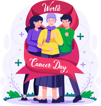Couple of friends hugging female cancer patient  Illustration